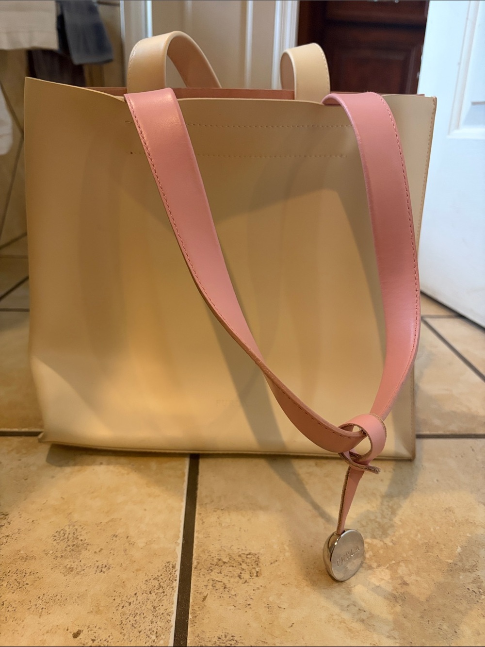 Furla Cream Leather Tote with Pink Strap